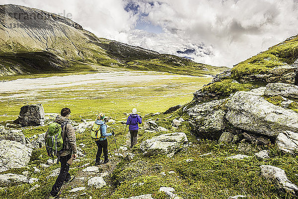 Rückansicht von drei Wanderern entlang des Weges  Fil de Cassons  Segnesboden  Graubünden  Schweiz