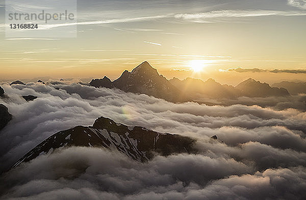 Blick auf die bayerischen Alpen über den Wolken bei Sonnenaufgang  Oberstdorf  Bayern  Deutschland
