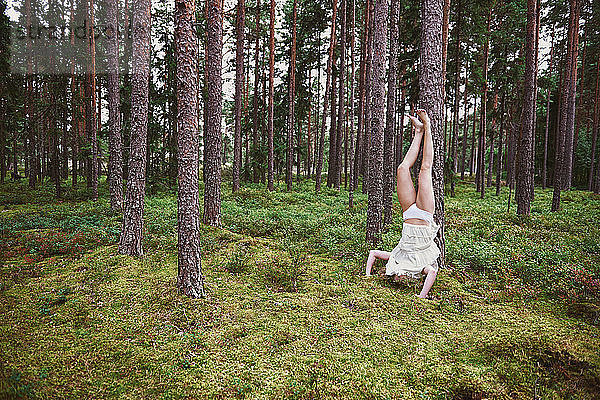 Junge Frau macht Kopfstand gegen Baum im Wald