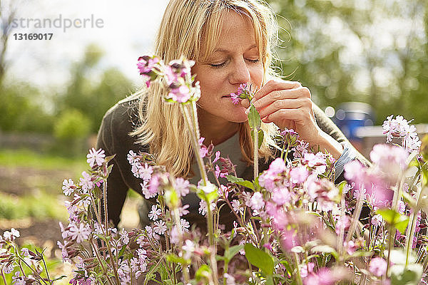 Reife Frau  im Freien  Blumen riechen