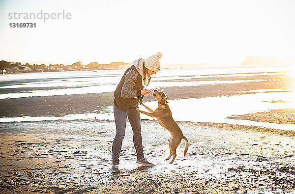 Junge Frau spielt mit ihrem Hund am Strand