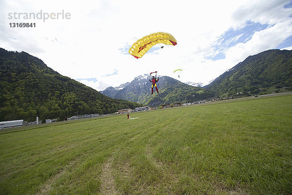 Team von drei Fallschirmspringern mit Fallschirmen landet im Feld  Interlaken  Bern  Schweiz