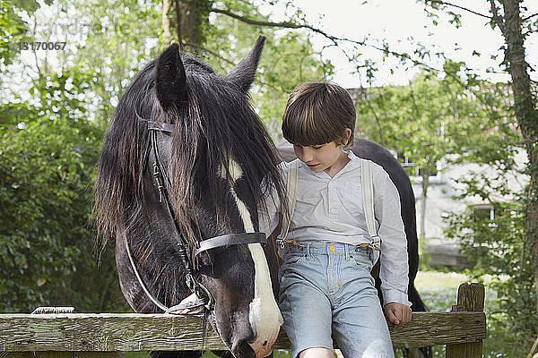 Porträt eines Jungen mit Pferd auf dem Hoftor sitzend