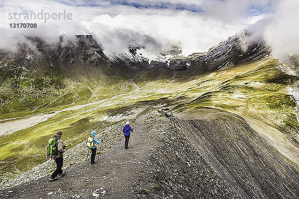 Hochwinkelaufnahme von männlichen und weiblichen Wanderern beim Wandern  Fil de Cassons  Segnesboden  Graubünden  Schweiz