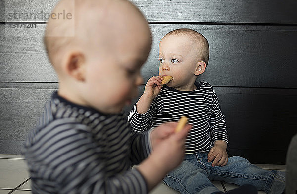 Kleine Zwillingsbrüder essen Kekse im Wohnzimmer