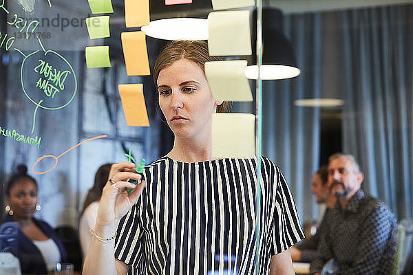 Kreative Geschäftsfrau schreibt auf Glas  während Kollegen im Hintergrund im Büro arbeiten