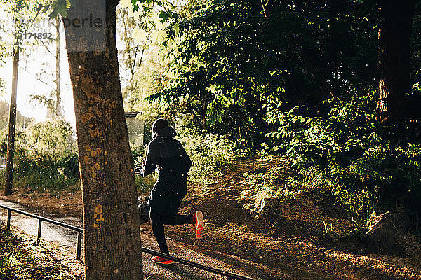 Männlicher Athlet läuft in voller Länge auf einem Fußweg im Park