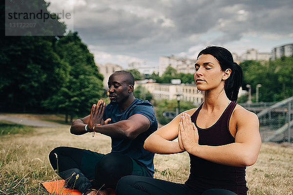 Multi-ethnische Freunde praktizieren Yoga auf dem Feld in der Stadt