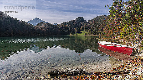 Deutschland  Bayern  Ostallgäu  Füssen  Alatsee  Boot am Seeufer im Herbst
