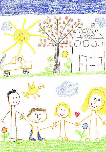 Kinderzeichnung  glückliche Familie mit Haus  Auto  Garten  Apfelbaum und Sonnenschein