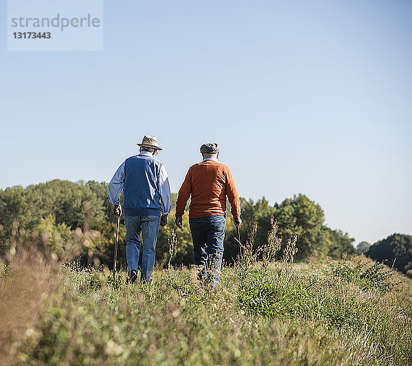 Zwei alte Freunde machen einen Spaziergang durch die Felder und reden über alte Zeiten
