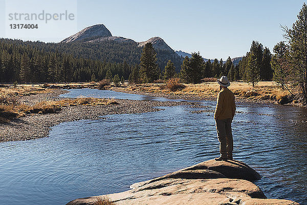 USA  Kalifornien  Yosemite-Nationalpark  Tuolumne-Wiesen  Wanderer am Aussichtspunkt