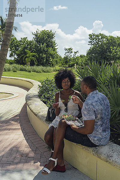 USA  Florida  Miami Beach  junges Paar teilt sich einen Salat in einem Park