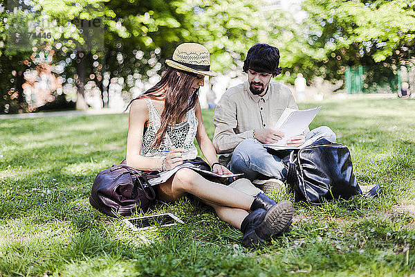 Zwei Studenten sitzen auf einer Wiese in einem Park und schauen sich Notizen an