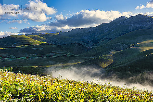 Italien  Umbrien  Sibillini-Nationalpark  Piano Grande di Castelluccio di Norcia bei Sonnenaufgang