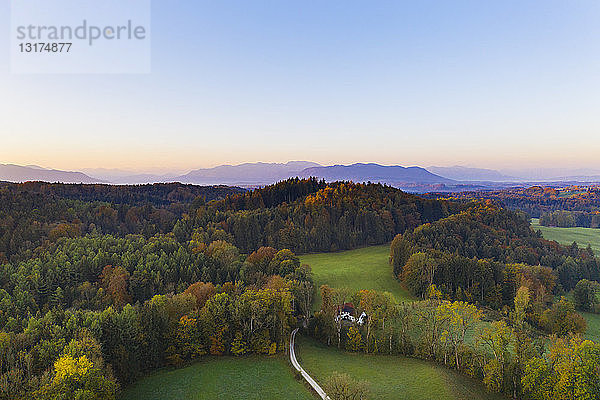 Deutschland  Oberbayern  Tölzer Land  Bayerische Voralpen  Dietramszell  Zeller Wald  Luftaufnahme des Waldes im Herbst bei Sonnenaufgang