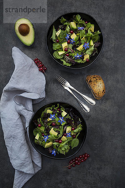 Zwei Schüsseln gemischter Salat mit Avocado  roten Johannisbeeren und Borretschblüten