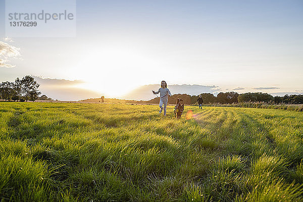 Zwei Kinder mit einem Hund laufen bei Sonnenuntergang über ein Feld