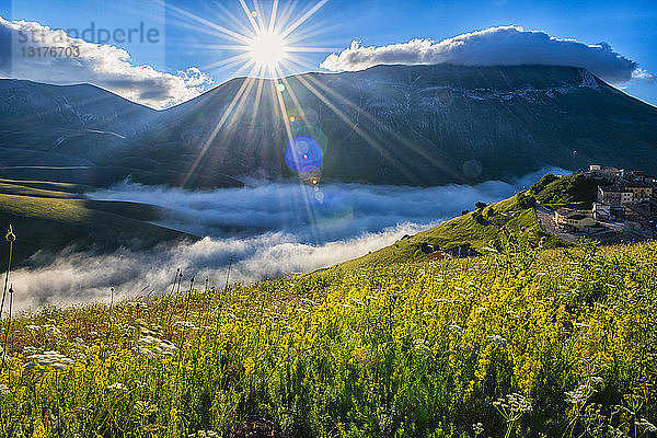 Italien  Umbrien  Sibillini-Nationalpark  Piano Grande di Castelluccio di Norcia bei Sonnenaufgang