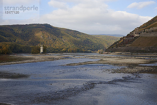 Deutschland  Rheinland-Pfalz  Bingen  Rhein  Ebbe an der Nahemündung  Mäuseturm und Rheinfels