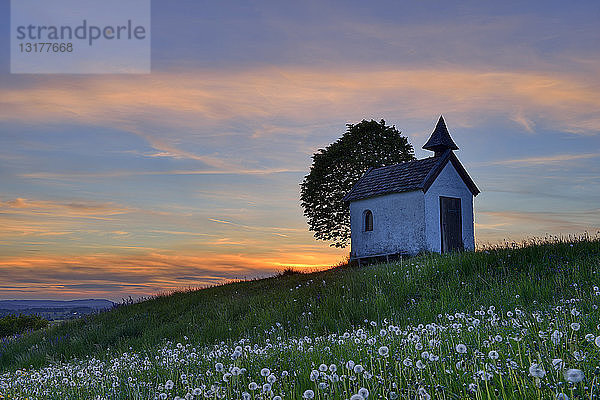 Deutschland  Oberbayern  Aidlinger Hoehe  Kapelle bei Sonnenuntergang