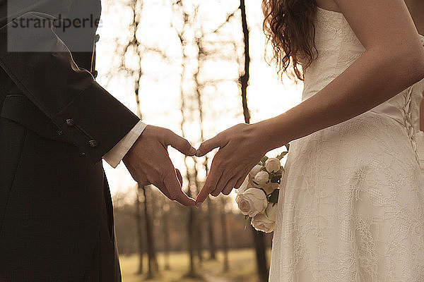 Neuvermähltes Brautpaar berührt Hände und macht herzförmige Fingerrahmen