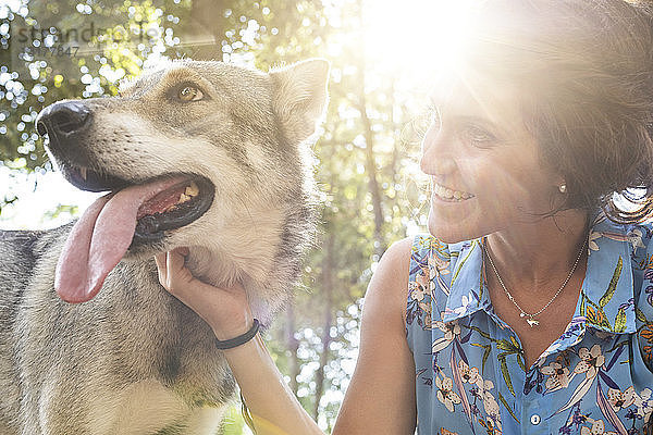 Lächelnde junge Frau streichelt ihren Hund im Gegenlicht