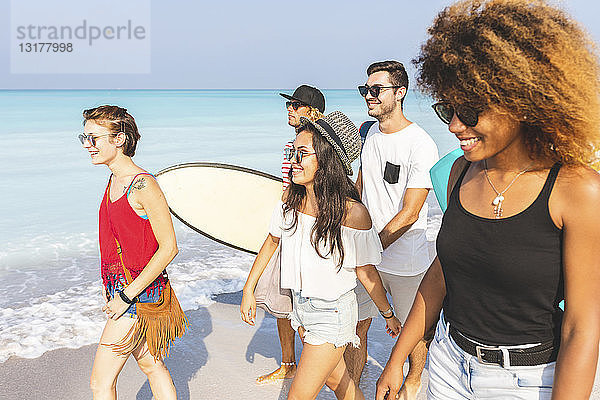 Gruppe von Freunden  die mit Surfbrettern am Strand spazieren gehen