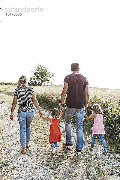 Rückansicht einer Familie mit zwei Töchtern  die Hand in Hand auf einem Feldweg gehen