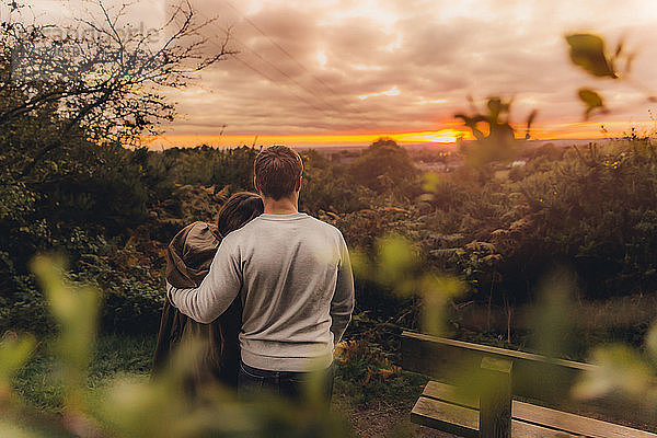 Rückenansicht eines verliebten Paares in herbstlicher Natur beim Sonnenuntergang