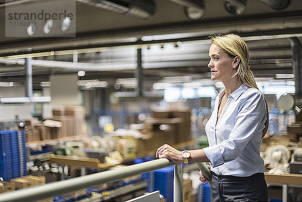 Geschäftsfrau in Fabrik mit Blick auf Lagerhaus