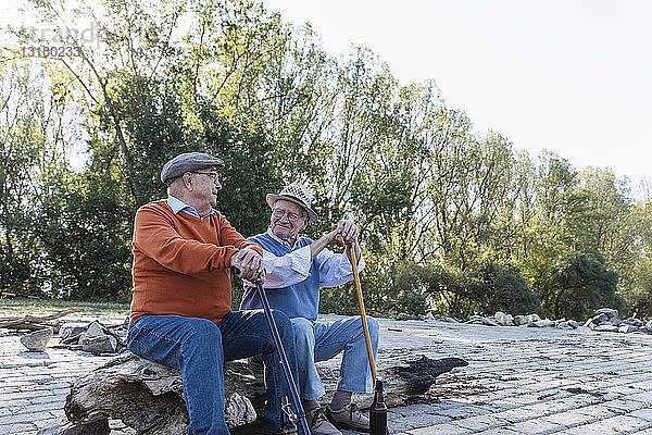 Zwei alte Freunde sitzen auf einem Baumstamm am Flussufer und teilen ihre Erinnerungen