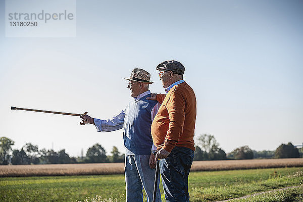 Zwei alte Freunde stehen auf den Feldern und zeigen mit einem Spazierstock auf sie