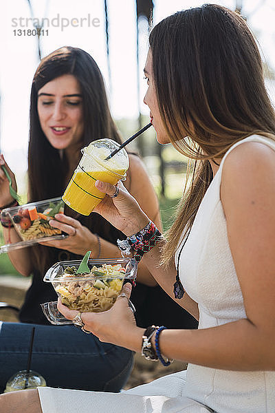 Freundinnen  die in einem Park sitzen  Salat essen  Saft trinken