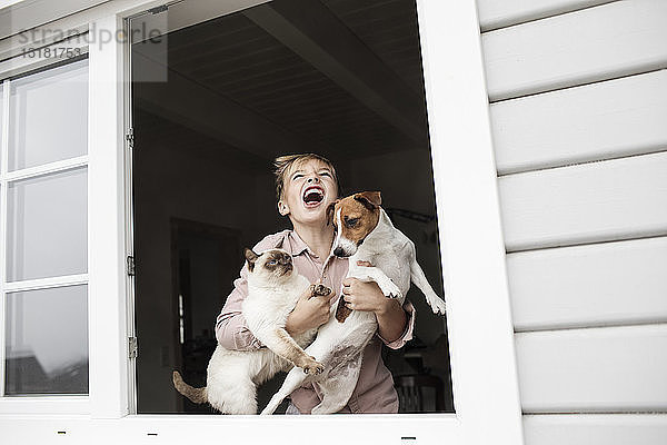 Junge steht am offenen Fenster mit Jack Russel Terrier und Siamkatze