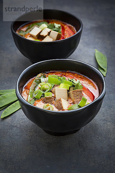 Schalen mit rotem Thai-Curry mit Zuckerschoten  Karotten  Paprika  Frühlingszwiebeln und geräuchertem Tofu