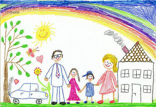 Kinderzeichnung  glückliche Familie mit Garten  Auto  Sonnenschein  Regenbogen und Haus