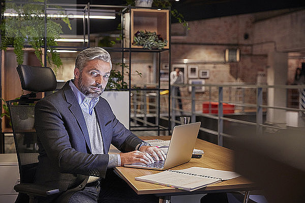Ein reifer Geschäftsmann  der in einem modernen Büro arbeitet und einen Laptop benutzt