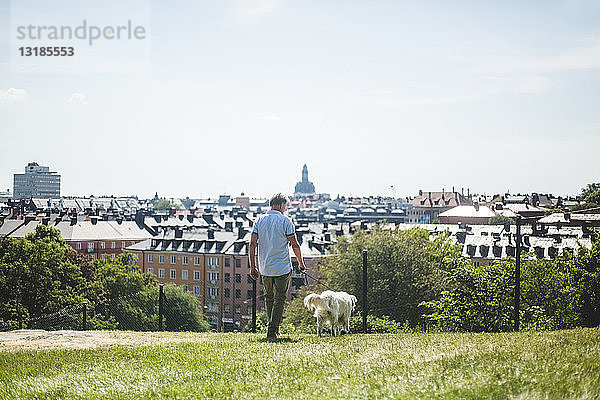 Mann in voller Länge mit Hund auf dem Feld in der Stadt gegen den Himmel spazieren