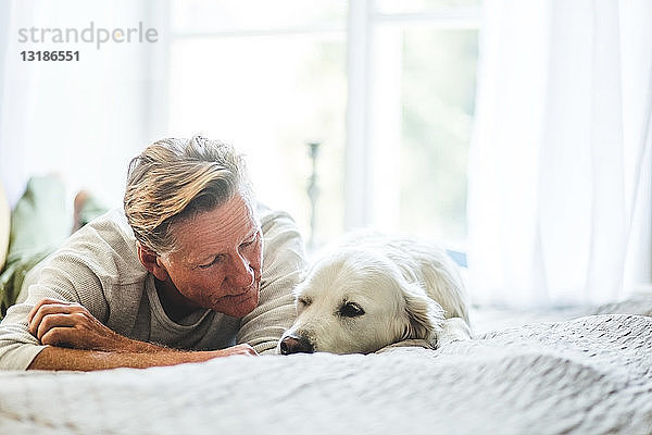 Nahaufnahme eines älteren Mannes  der sich einen süßen Hund ansieht  während er im Schlafzimmer auf dem Bett liegt