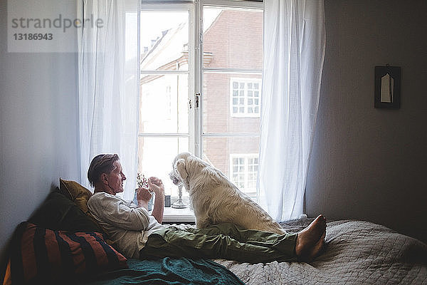 Älterer Mann spielt mit Hund  während er sich zu Hause am Fenster ans Bett lehnt