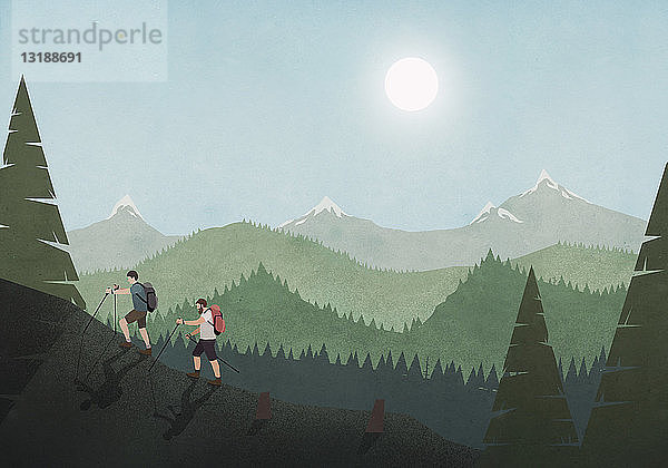 Männer wandern durch eine idyllische Berg- und Waldlandschaft