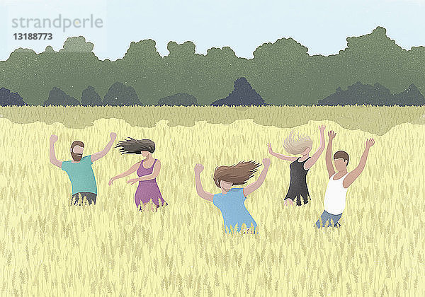 Sorglose Menschen tanzen in einem ländlichen Weizenfeld