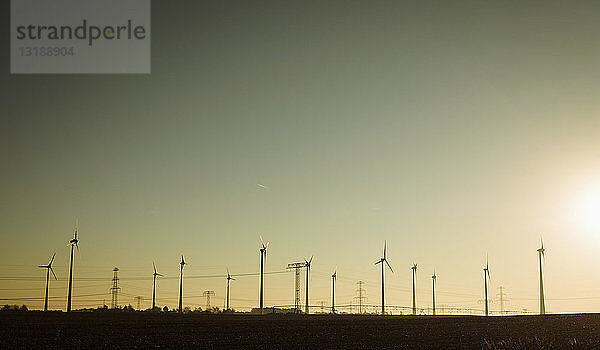 Windkraftanlagen gegen den sonnigen Abendhimmel  Brandenburg  Deutschland