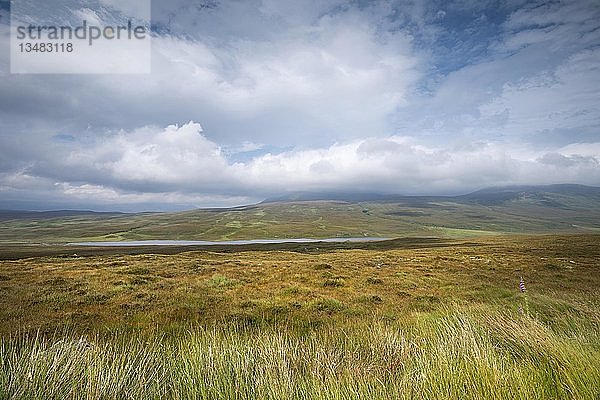 Blick über das Moor mit Loch Coulside und Ben Loyal in den Wolken  Sutherland  Schottland  Großbritannien  Europa