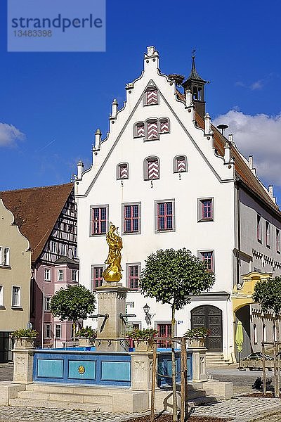 Marienbrunnen und Rathaus  Wemding  Landkreis Donau-Ries  Schwaben  Bayern  Deutschland  Europa