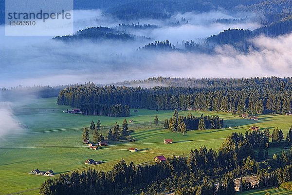 Morgenstimmung mit Nebel  Blick vom Krepelschrofen bei Wallgau  Werdenfelser Land  Oberbayern  Bayern  Deutschland  Europa