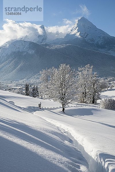 Winterlandschaft mit Blick auf den Watzmann  Nationalpark Bischofswiesen Berchtesgaden  Berchtesgadener Land  Oberbayern  Bayern  Deutschland  Europa