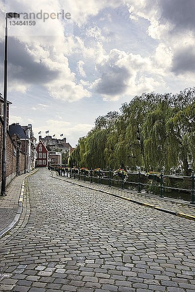 Straße entlang des Flusses Leie mit Blick auf den Gravensteen  Augustijnenkaai  Gent  Belgien  Europa