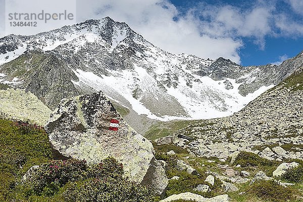 Wegmarkierung  Bergwanderweg  Rauhkofel (3251 m) oder Rauchkofel im Rücken  Monte Fumo  bei Kasern  Kasern  Ahrntal  Ahrntal  Zillertaler Alpen  Südtirol  Alto Adige  Italien  Europa